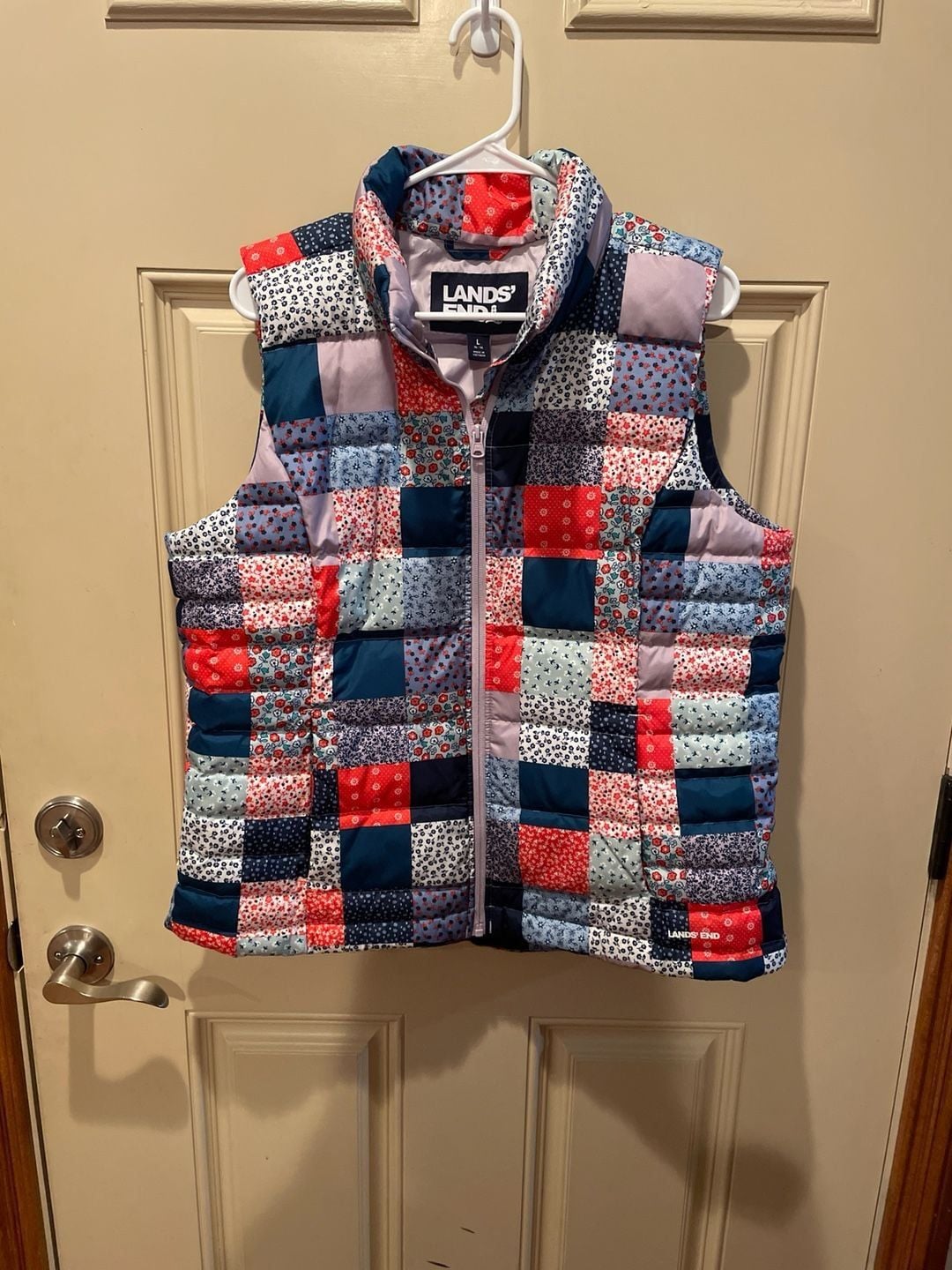 Lands' End Women's Quilted Down Puffer Vest. patchwork pattern. 2