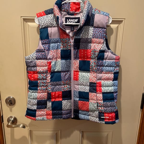 Lands' End Women's Quilted Down Puffer Vest.  patchwork pattern. 