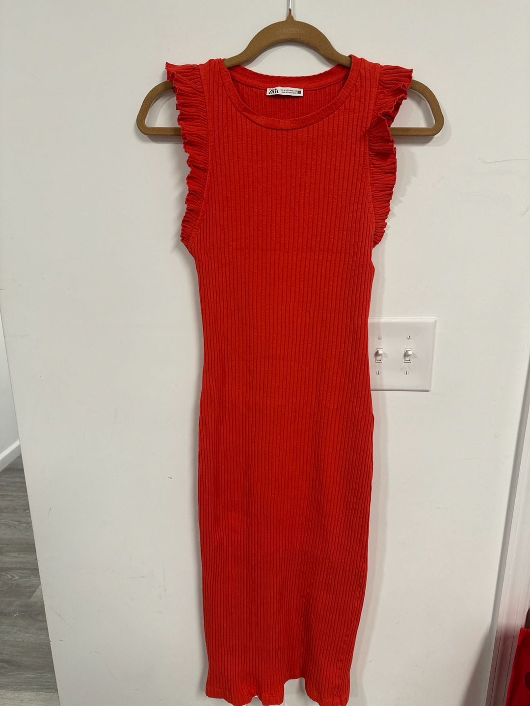 Zara Red Ribbed Knit Sleeveless Midi Dress with Ruffle Trim Sleeves 4