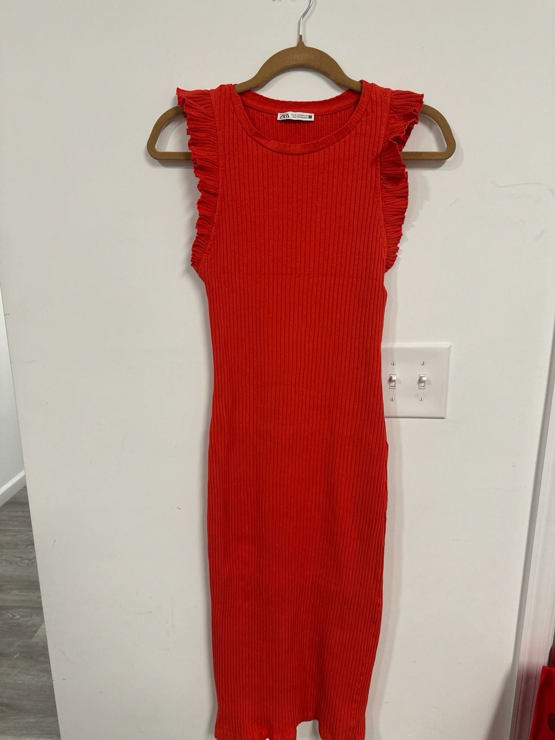 Zara Red Ribbed Knit Sleeveless Midi Dress with Ruffle Trim Sleeves 5
