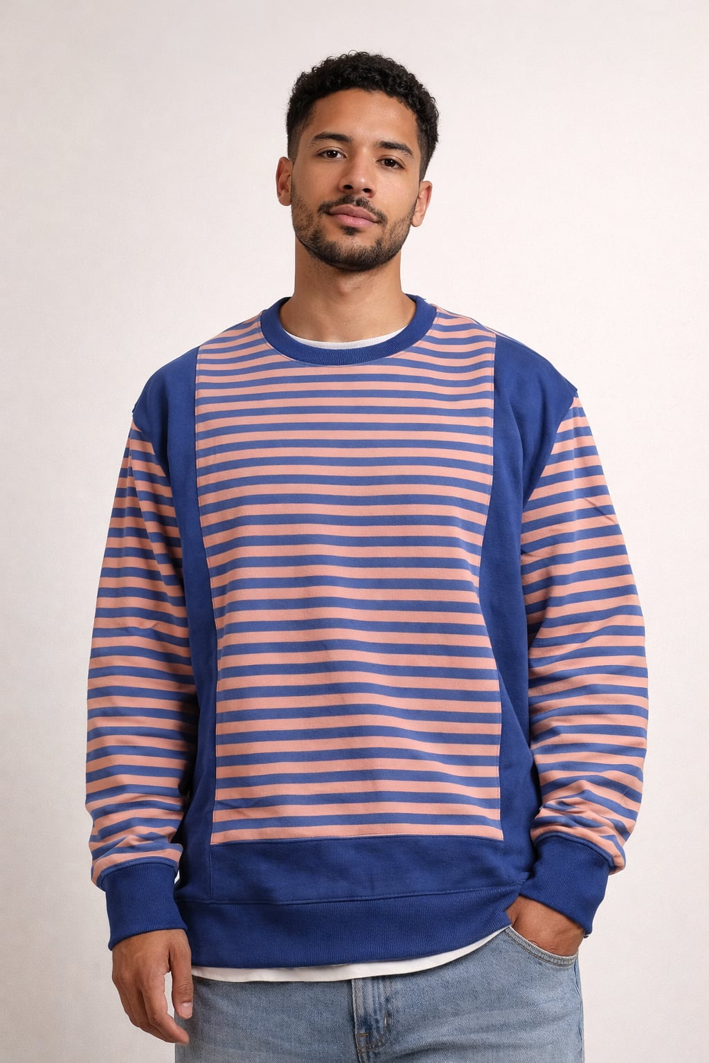 Glamaker Universal Striped Color Block Oversized Sweatshirt Crewneck Pullover Top Navy Coral size S 2