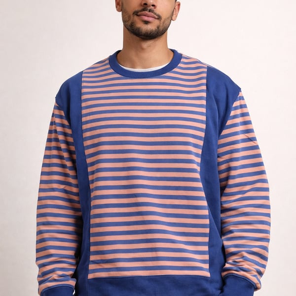 Glamaker Universal Striped Color Block Oversized Sweatshirt Crewneck Pullover Top Navy Coral size S