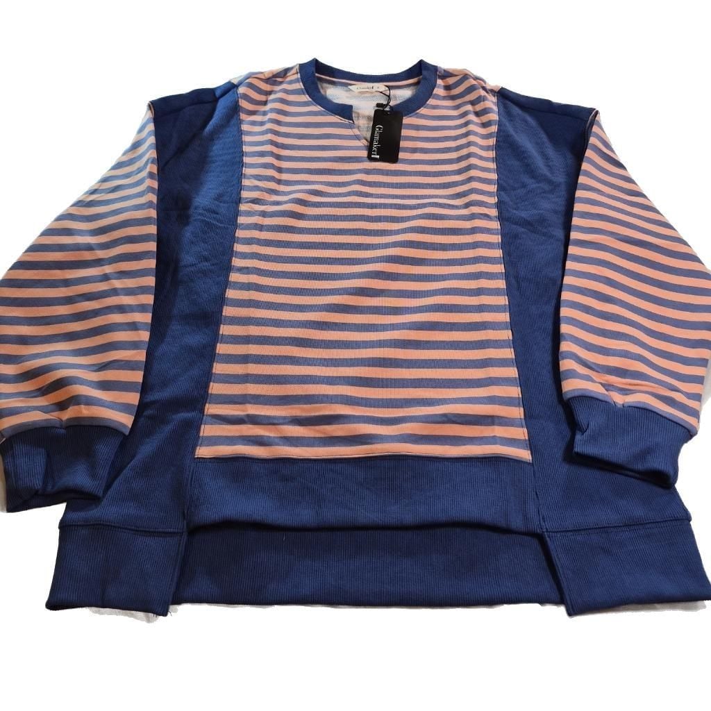 Glamaker Universal Striped Color Block Oversized Sweatshirt Crewneck Pullover Top Navy Coral size S 4