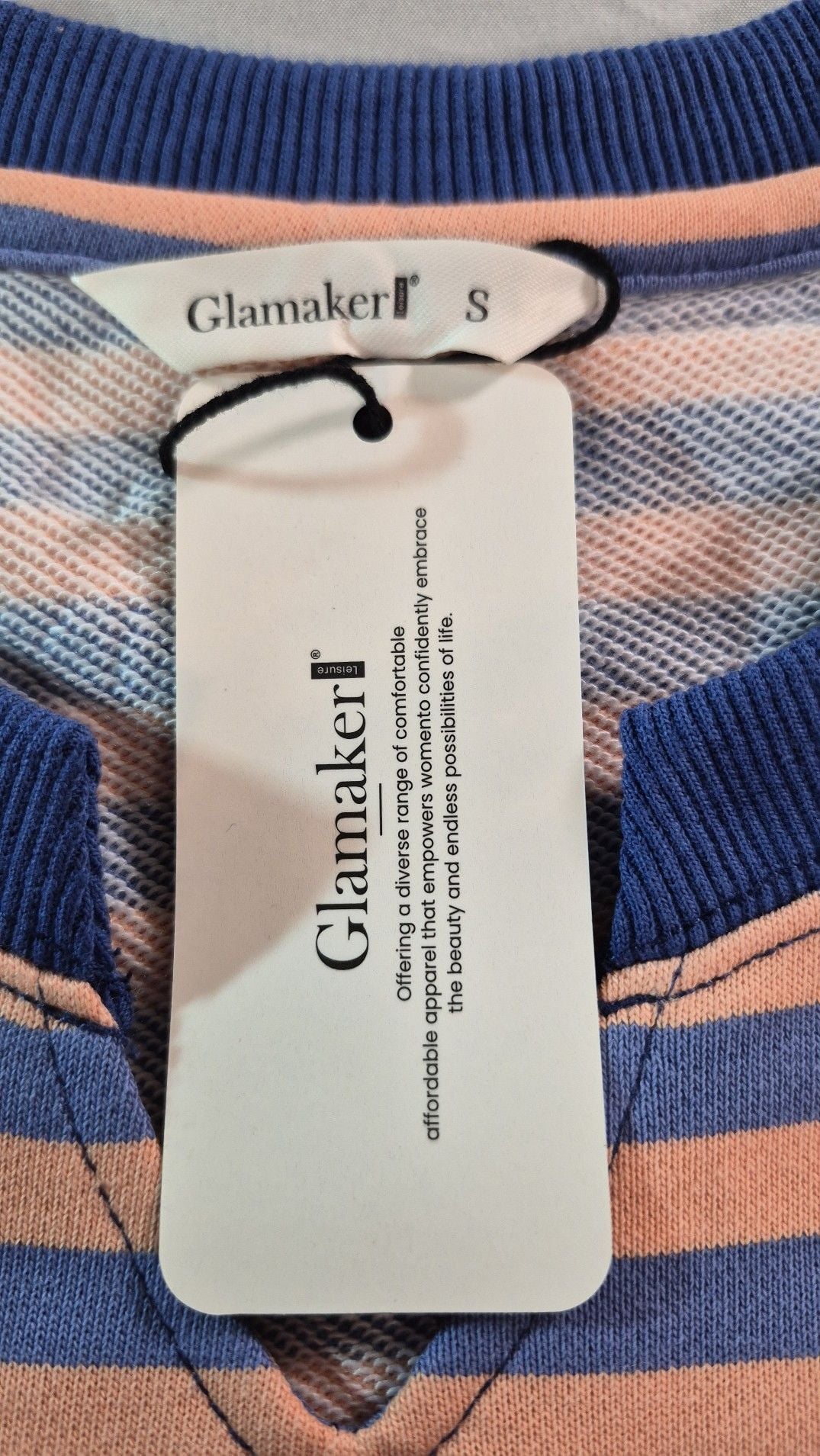 Glamaker Universal Striped Color Block Oversized Sweatshirt Crewneck Pullover Top Navy Coral size S 5