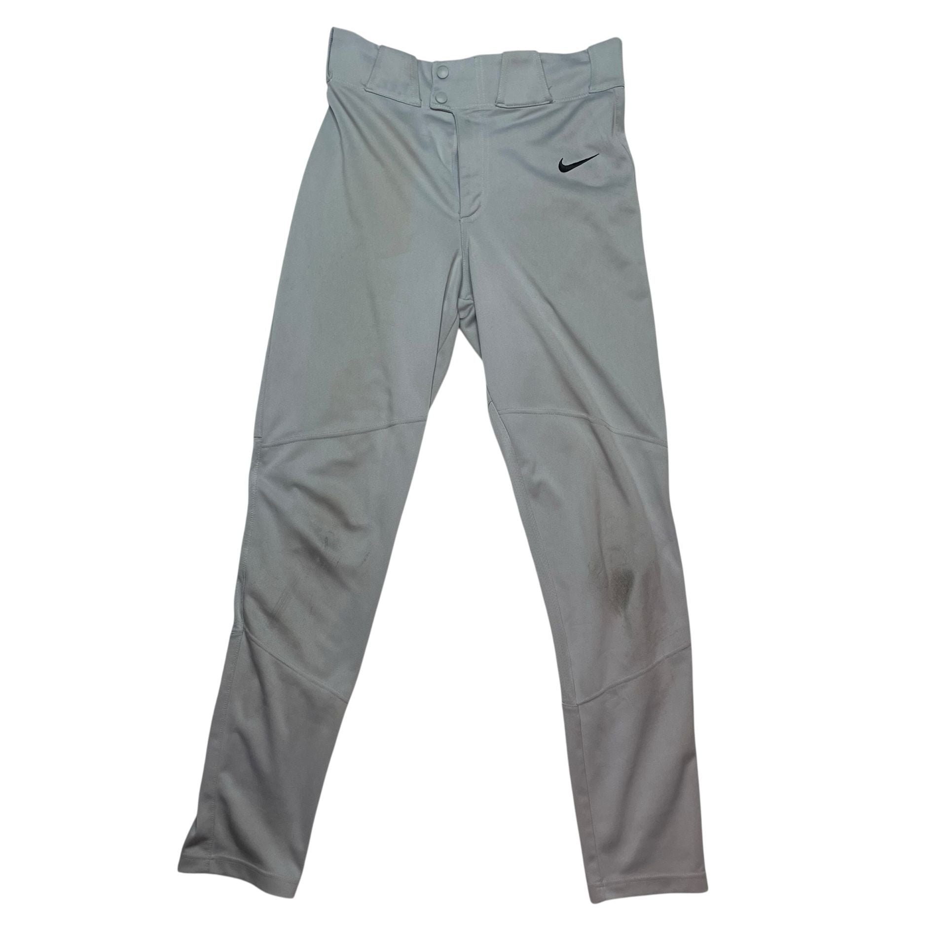 Nike Team Gray Baseball Pants Youth Small Swoosh Logo
Description:
Nike Team baseball pants in light gray, size Youth Small. Features snap closure, zip fly, belt loops, and embroidered black Nike swoosh on front. Durable polyester material built for game 2