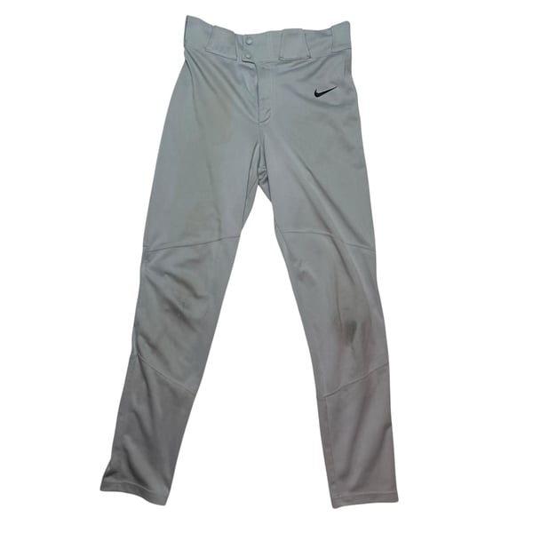 Nike Team Gray Baseball Pants Youth Small Swoosh Logo

Description:
Nike Team baseball pants in light gray, size Youth Small. Features snap closure, zip fly, belt loops, and embroidered black Nike swoosh on front. Durable polyester material built for game
