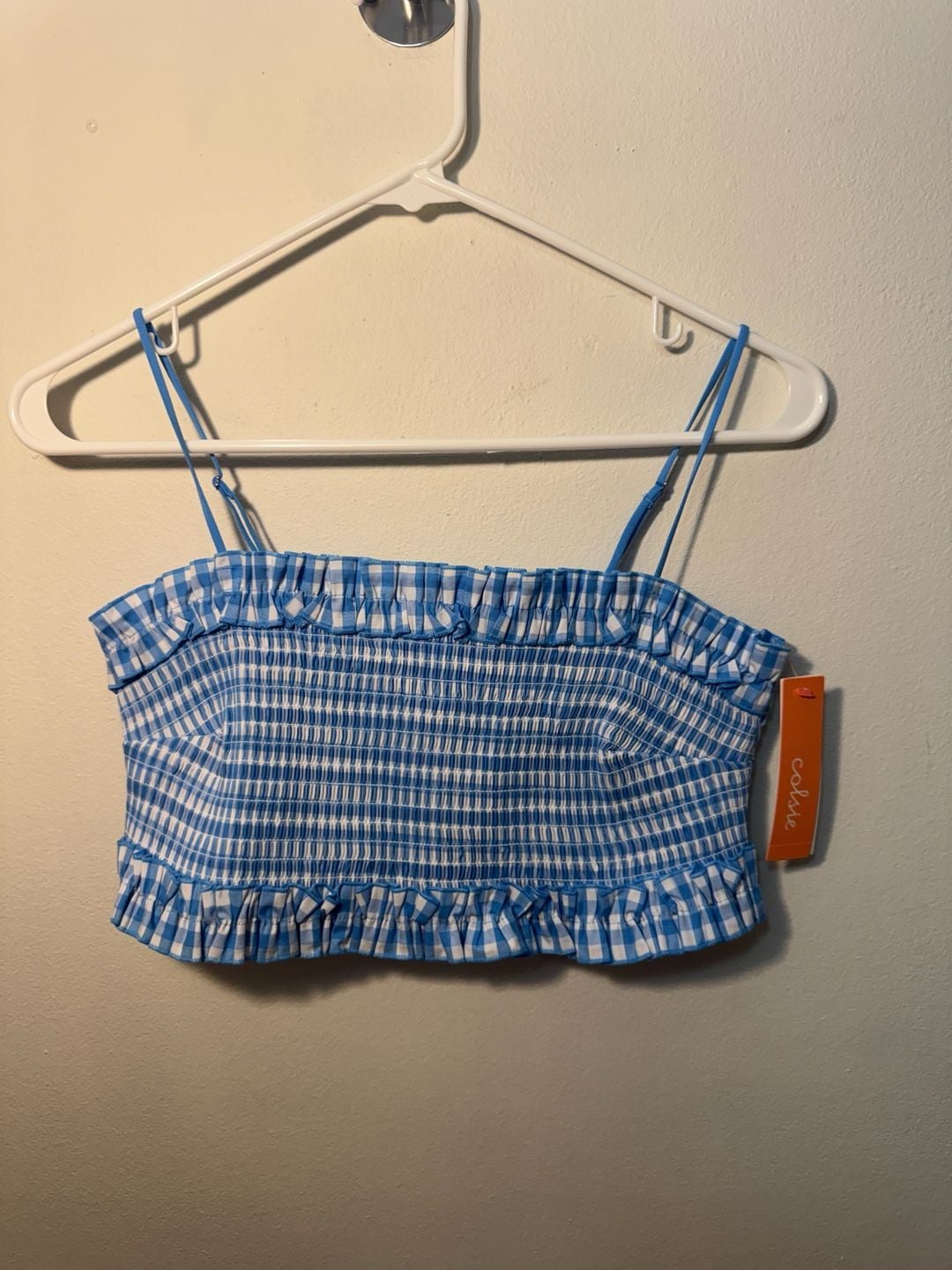 Colsie NWT Blue Gingham Smocked Ruffle Bandeau Bralette Crop Top 2