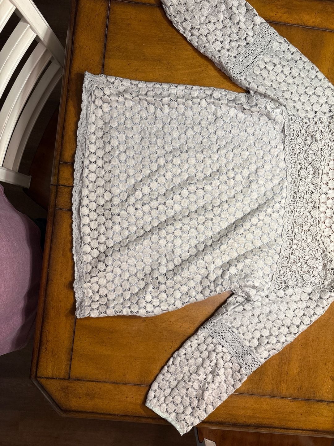 Anthropologie Moth Honeycomb Eyelet Crochet Lace Long Sleeve Sweater Top in Cream/Grey 2