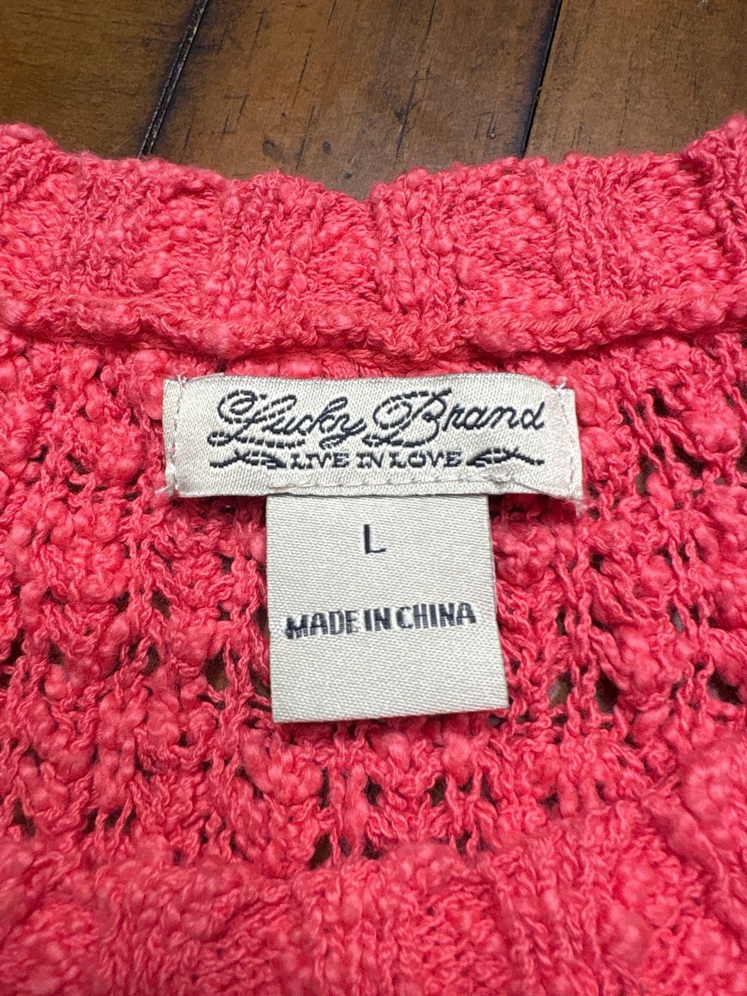 Lucky Brand Womens Large Coral Pink Open Knit Chevron Crochet Pullover Sweater 1