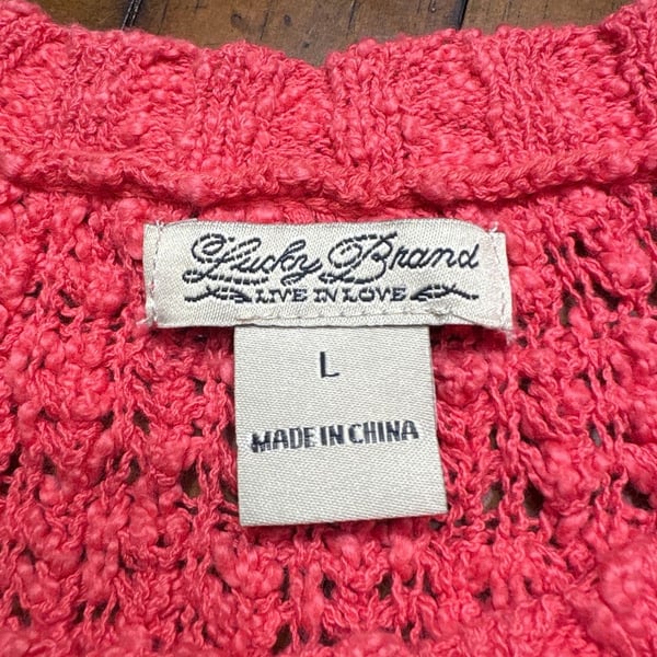 Lucky Brand Womens Large Coral Pink Open Knit Chevron Crochet Pullover Sweater