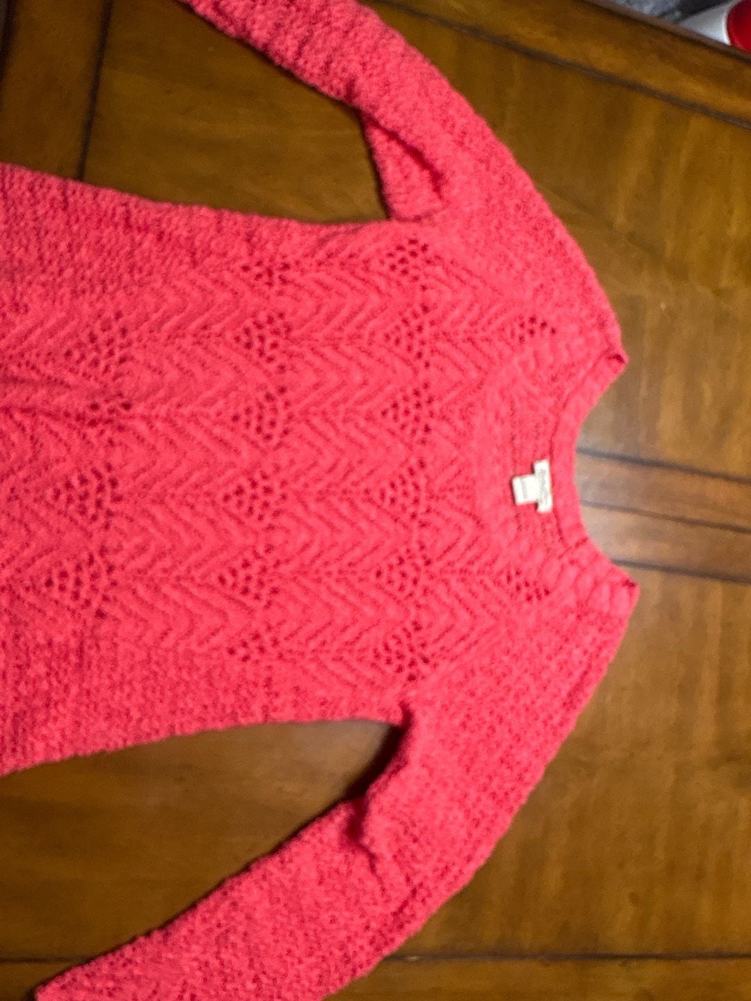Lucky Brand Womens Large Coral Pink Open Knit Chevron Crochet Pullover Sweater 2