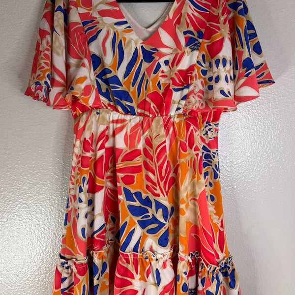 JODIFL Abstract Tropical Floral Ruffle Tiered V-Neck Flutter Sleeve Mini Dress