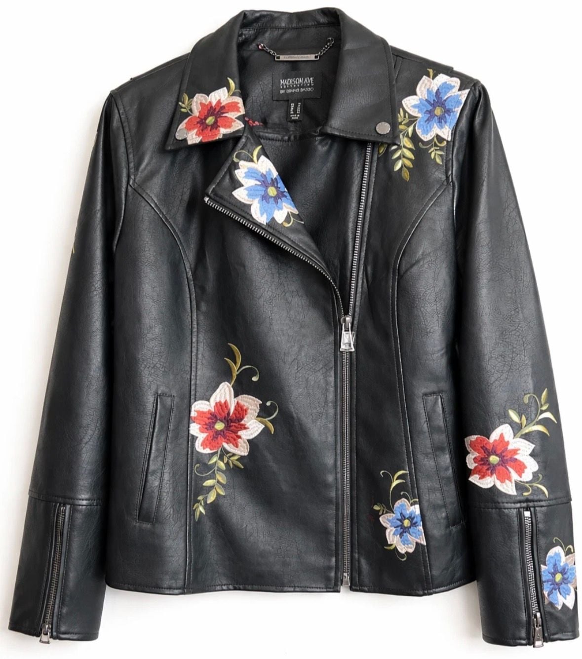 Madison Ave Collection by Dennis Basso Floral Embroidered Faux Leather Moto Jacket 2