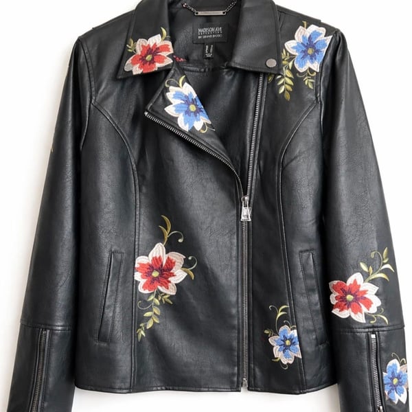 Madison Ave Collection by Dennis Basso Floral Embroidered Faux Leather Moto Jacket