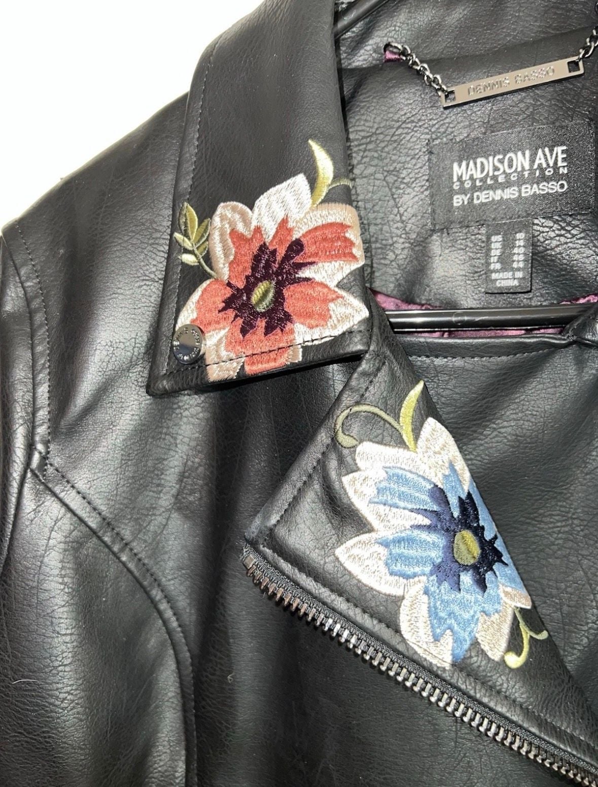 Madison Ave Collection by Dennis Basso Floral Embroidered Faux Leather Moto Jacket 6