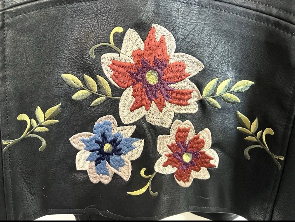 Madison Ave Collection by Dennis Basso Floral Embroidered Faux Leather Moto Jacket 11