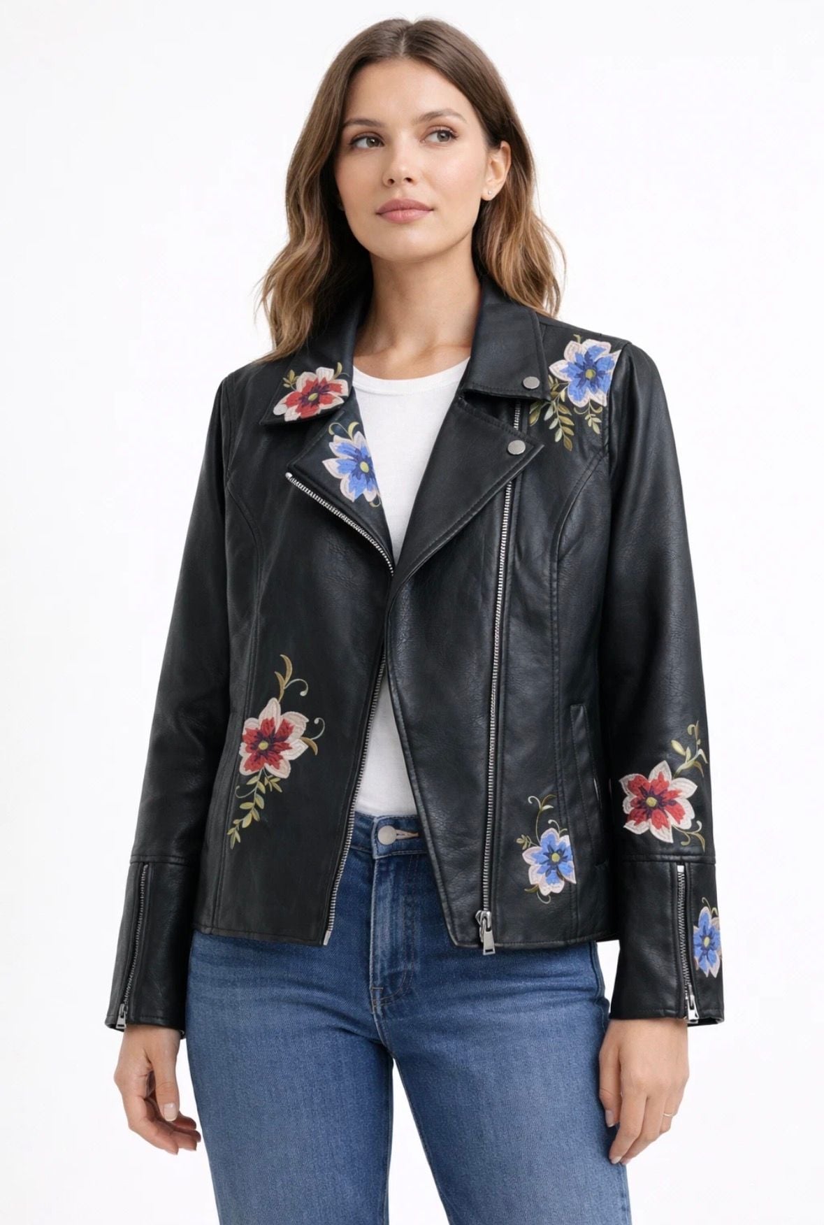 Madison Ave Collection by Dennis Basso Floral Embroidered Faux Leather Moto Jacket 12
