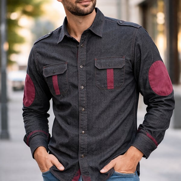 Inserch Men's Charcoal Grey Denim Shirt with Maroon Micro Suede Elbow Patches and Contrast Trim 3XL