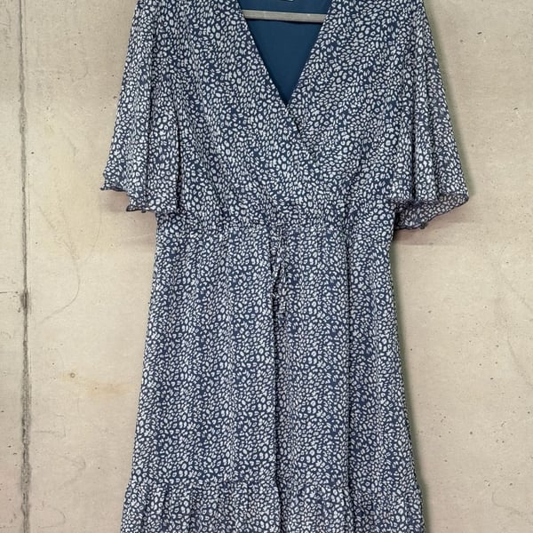Flowy Fall Casual Short Sleeve V-Neck Ruffle Printed Flowy Mini Dress 