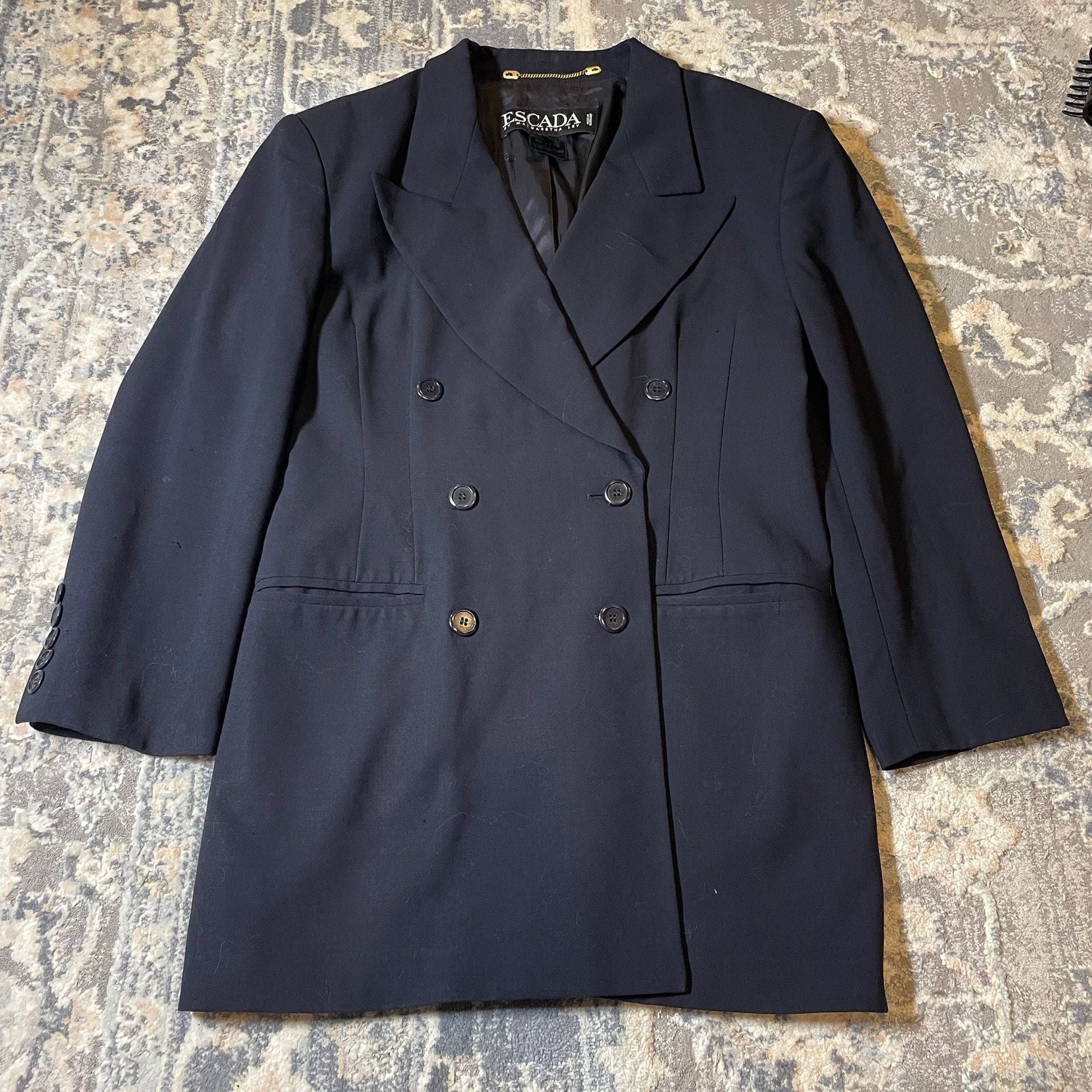Vintage Escada Navy Blue Double Breasted Wool Blazer Jacket Size 42 2