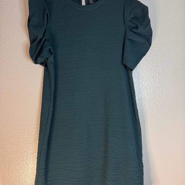 SHEIN Clasi Emerald Green Textured Short Puff Sleeve Mini Shift Dress