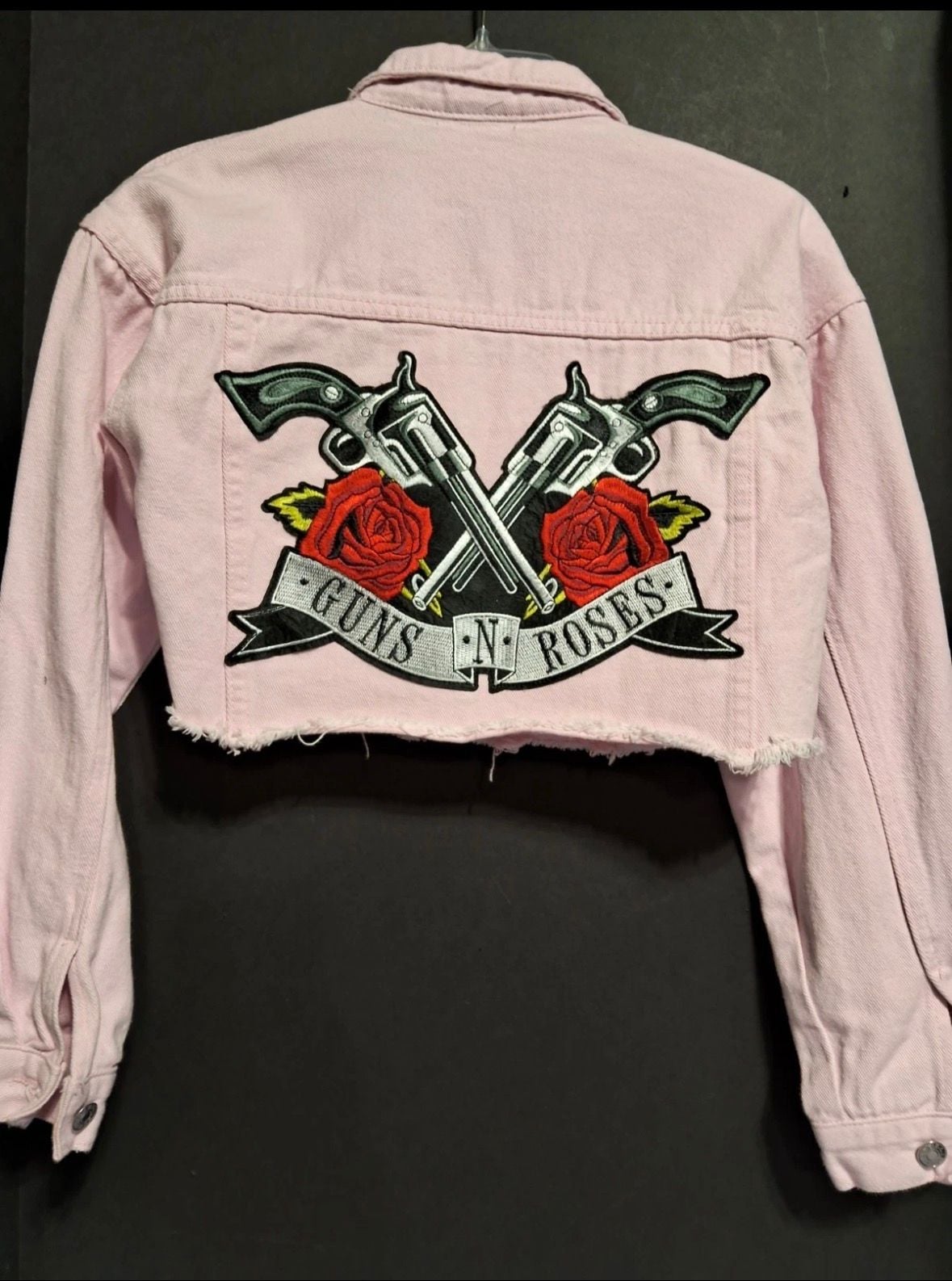 Alfred Dunner Petite Pink Reworked Cropped Denim Jacket with Guns N' Roses Back Patch 2