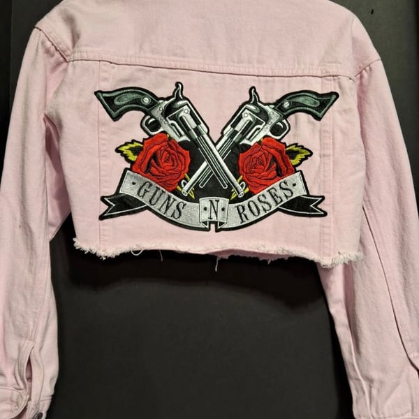 Alfred Dunner Petite Pink Reworked Cropped Denim Jacket with Guns N' Roses Back Patch