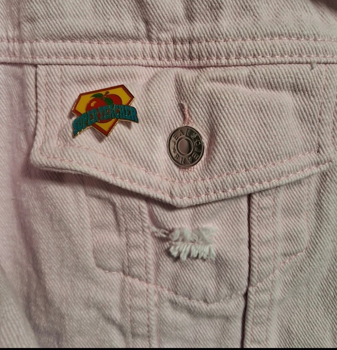 Alfred Dunner Petite Pink Reworked Cropped Denim Jacket with Guns N' Roses Back Patch 6