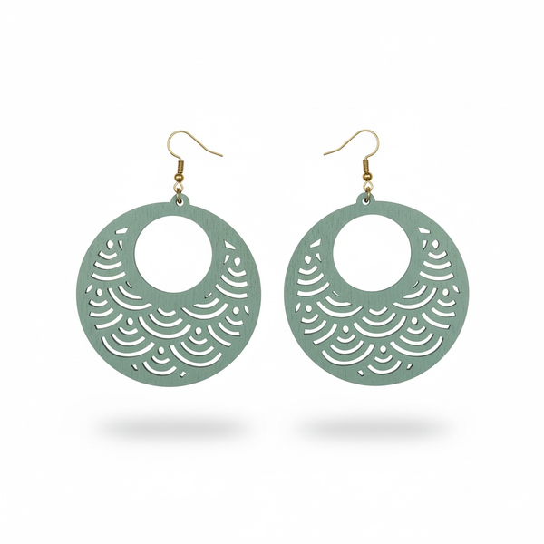 Plunder Design Teal Green Laser Cut Layered Wood Circle Dangle Earrings