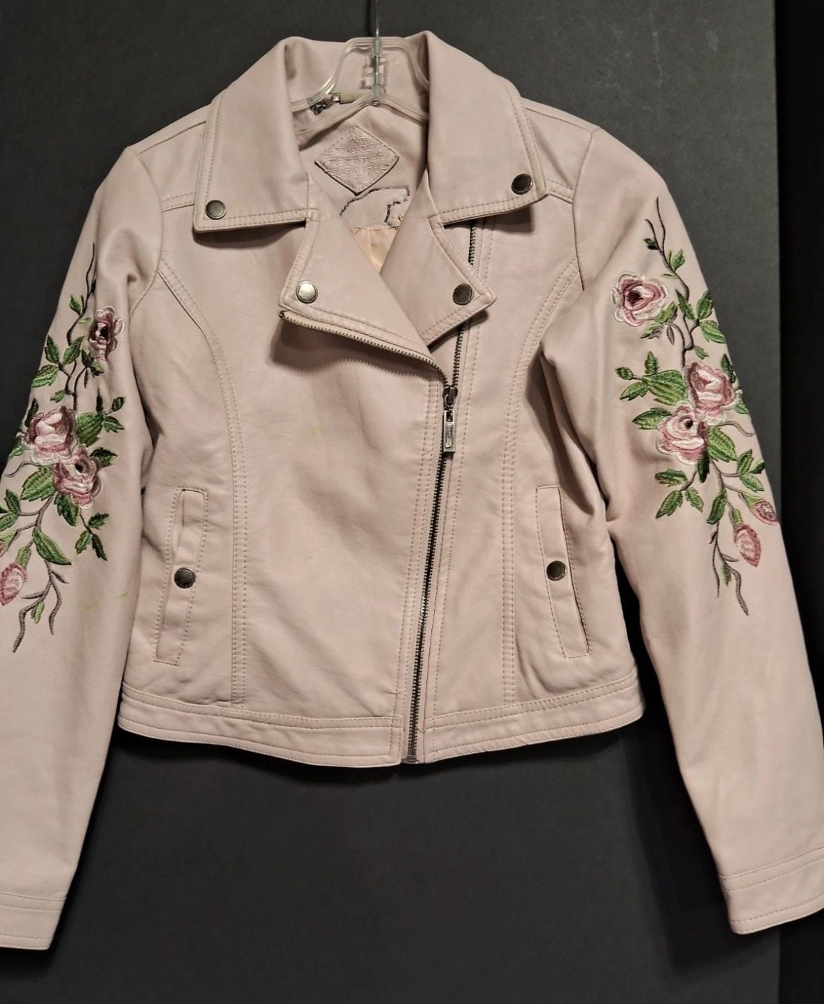 Jou Jou Light Pink Faux Leather Moto Jacket with Floral Embroidery and Beaded Rose 2