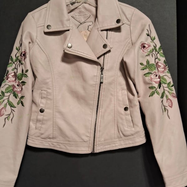 Jou Jou Light Pink Faux Leather Moto Jacket with Floral Embroidery and Beaded Rose