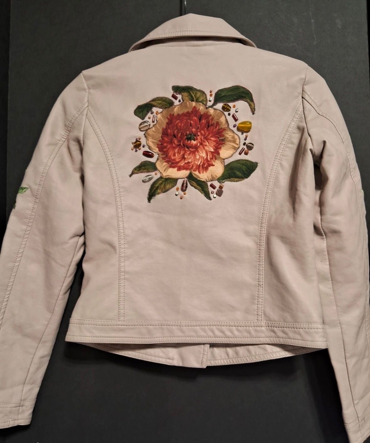 Jou Jou Light Pink Faux Leather Moto Jacket with Floral Embroidery and Beaded Rose 3