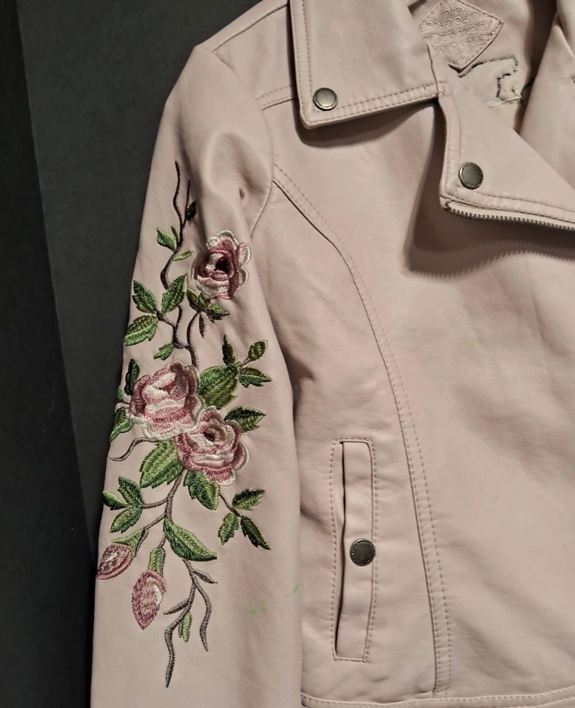 Jou Jou Light Pink Faux Leather Moto Jacket with Floral Embroidery and Beaded Rose 4