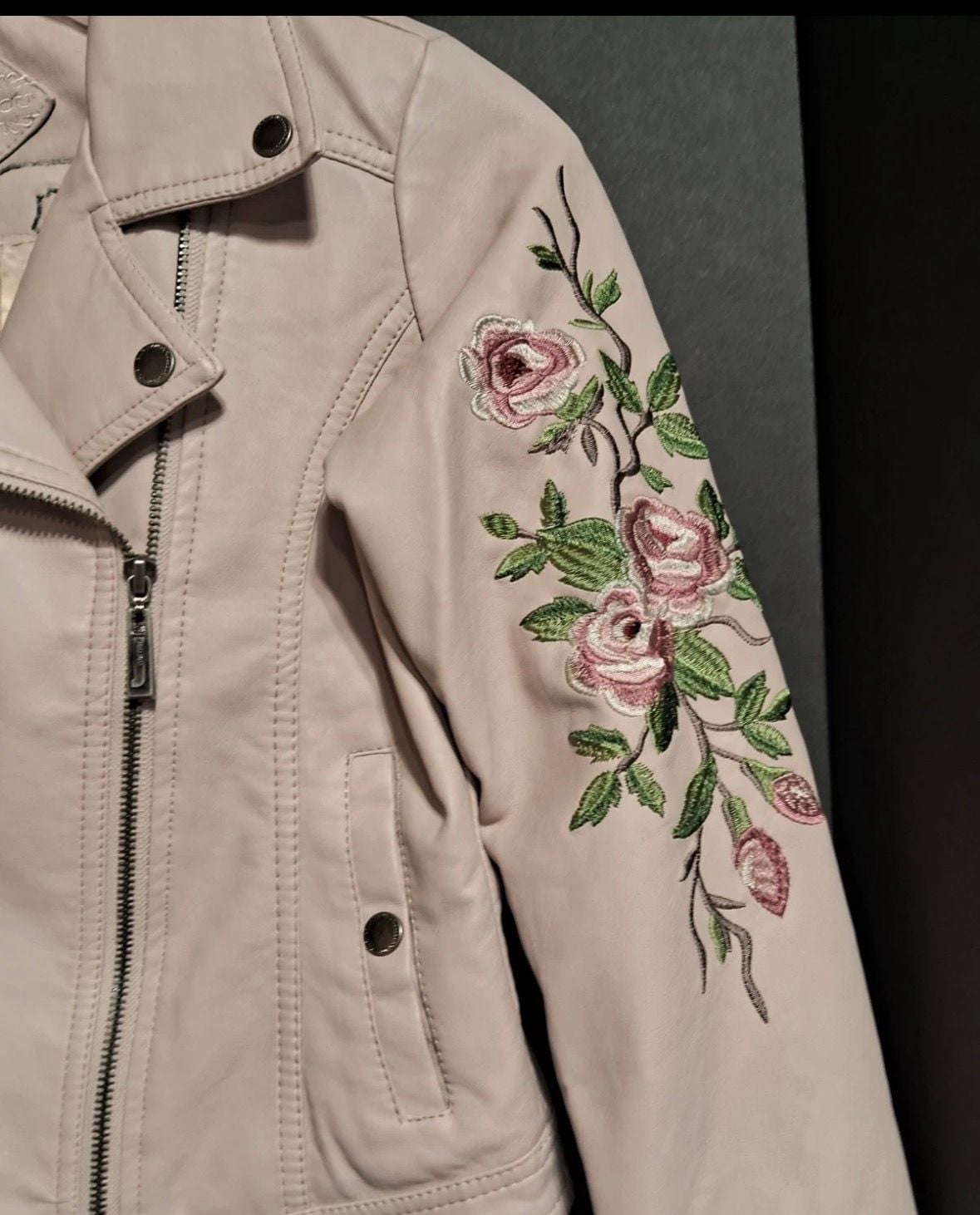 Jou Jou Light Pink Faux Leather Moto Jacket with Floral Embroidery and Beaded Rose 5