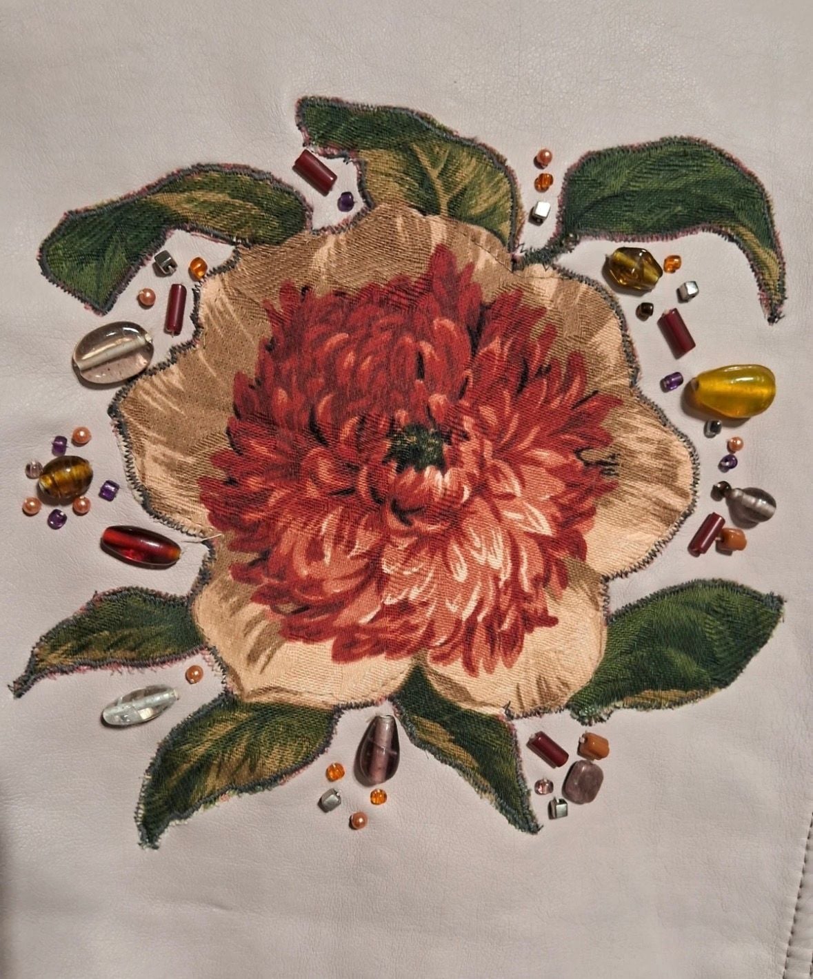 Jou Jou Light Pink Faux Leather Moto Jacket with Floral Embroidery and Beaded Rose 7