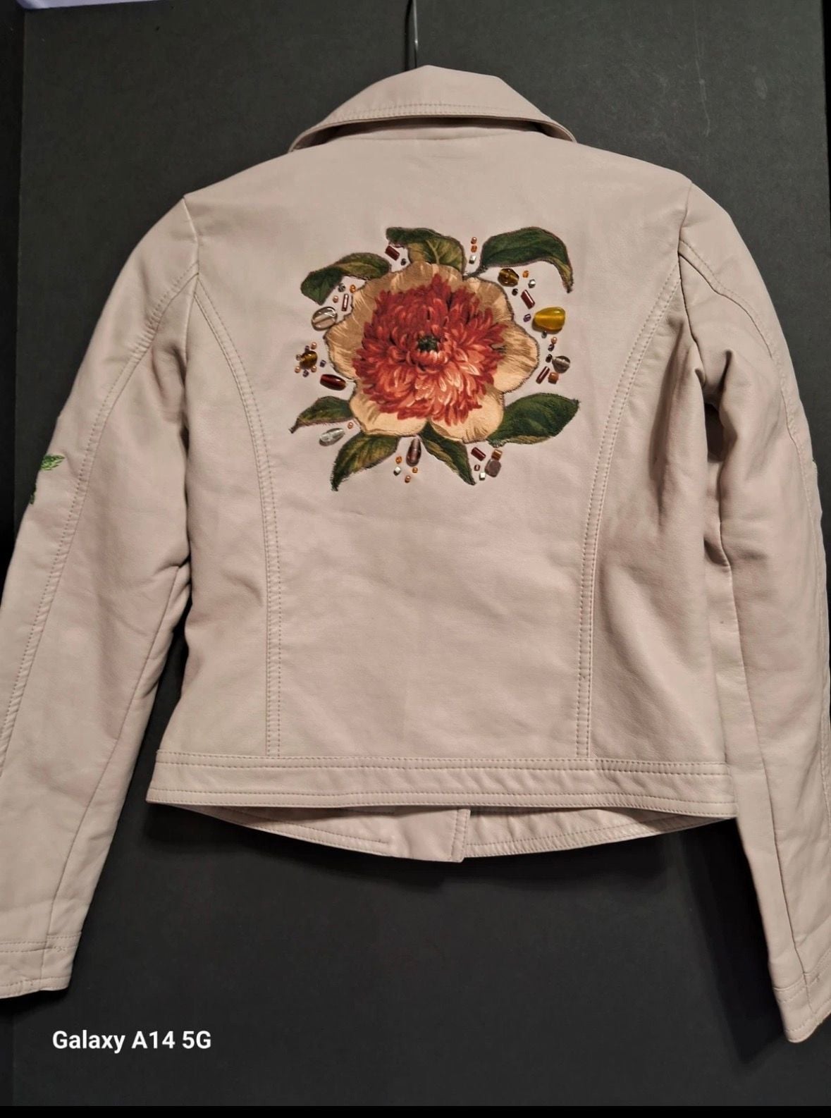 Jou Jou Light Pink Faux Leather Moto Jacket with Floral Embroidery and Beaded Rose 10