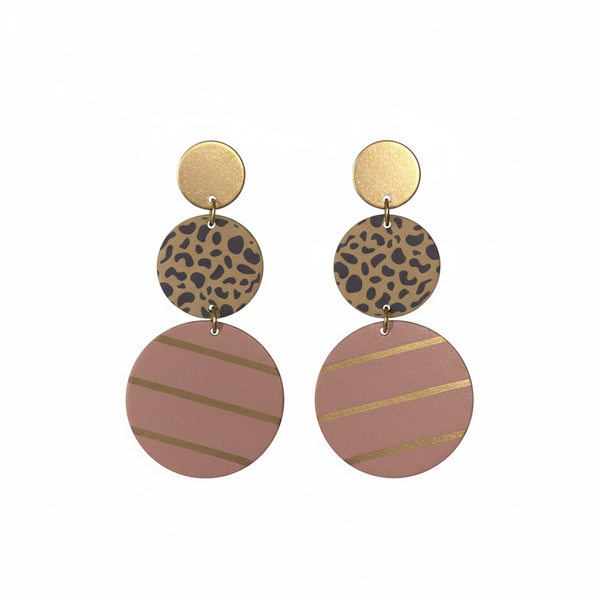Vintage. Animal print. Pink. Wooden. 3 circular pieces w/ metal links. 
