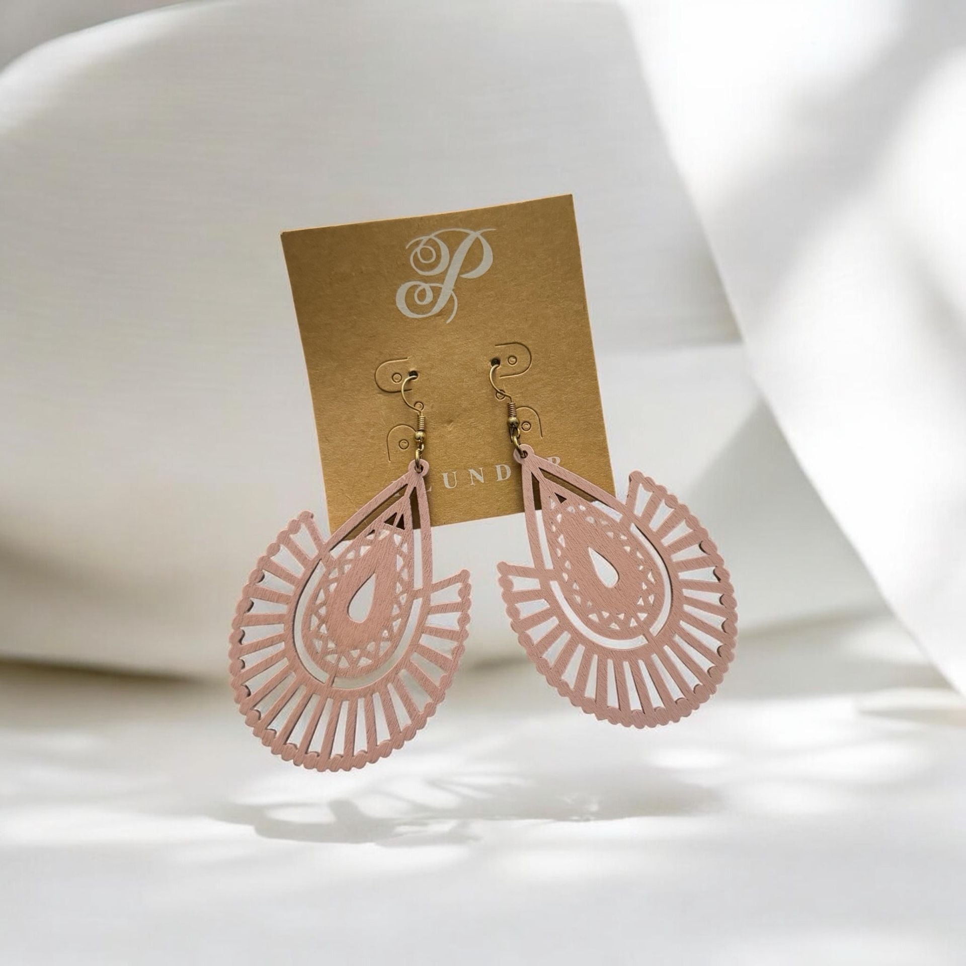 Pink Lavender Wooden Filigree Cutout Teardrop Dangle 2