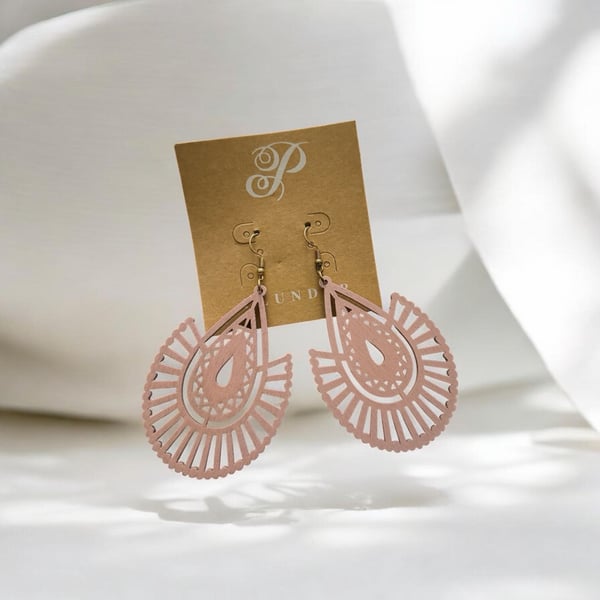 Pink Lavender Wooden Filigree Cutout Teardrop Dangle