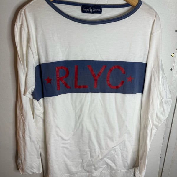 Ralph Lauren RLYC Yacht Club Long Sleeve Shirt White Navy Men's Size M