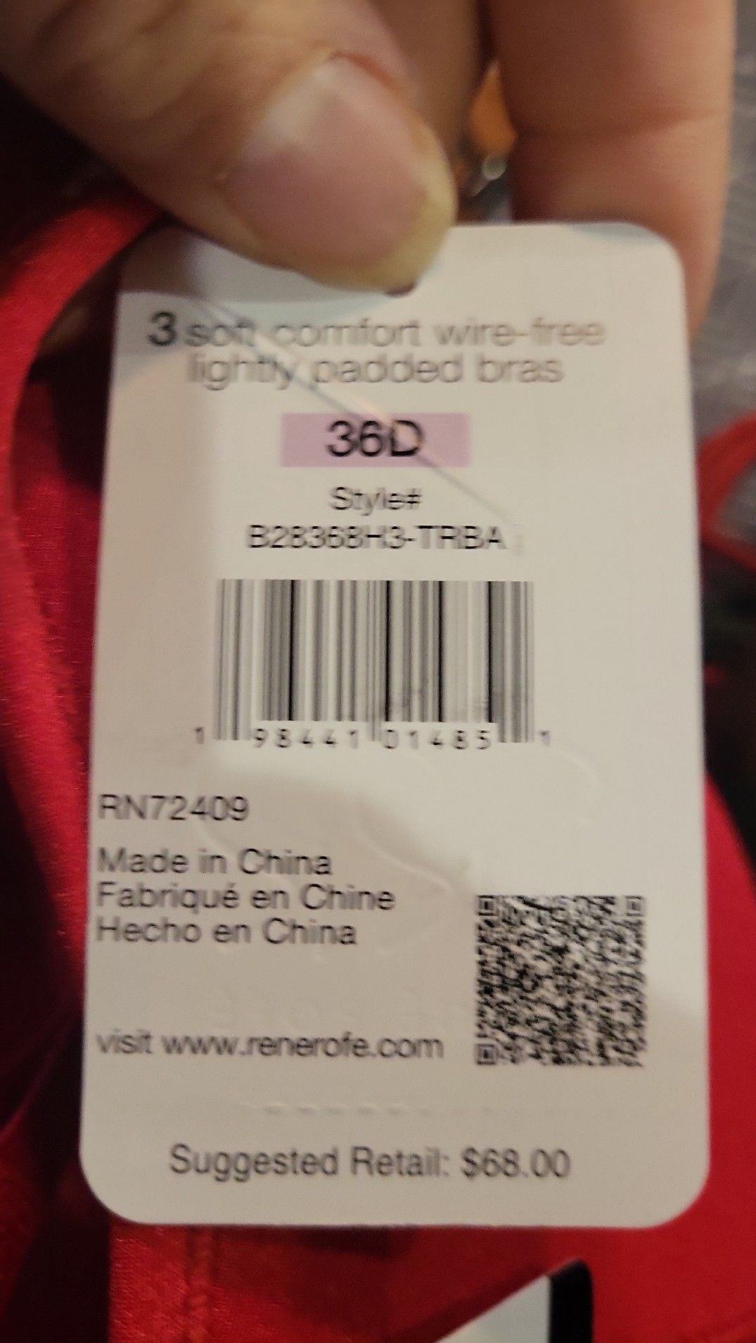 NWT René Rofé Soft Comfort Wire-Free Lightly Padded Bra Red Size 36D 6