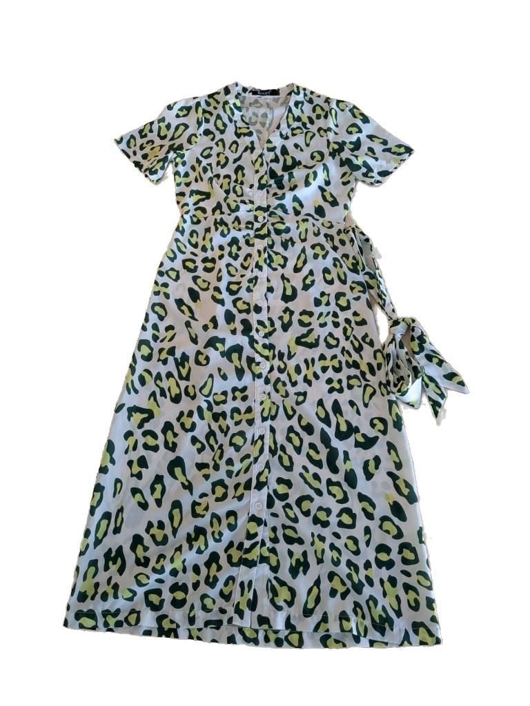 Kourt Green Leopard Print Button-Down Tie-Waist Midi Dress, Size XS 2
