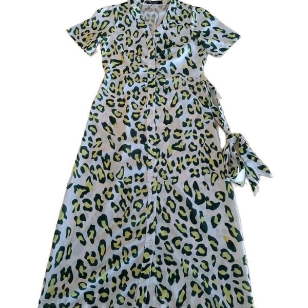 Kourt Green Leopard Print Button-Down Tie-Waist Midi Dress, Size XS