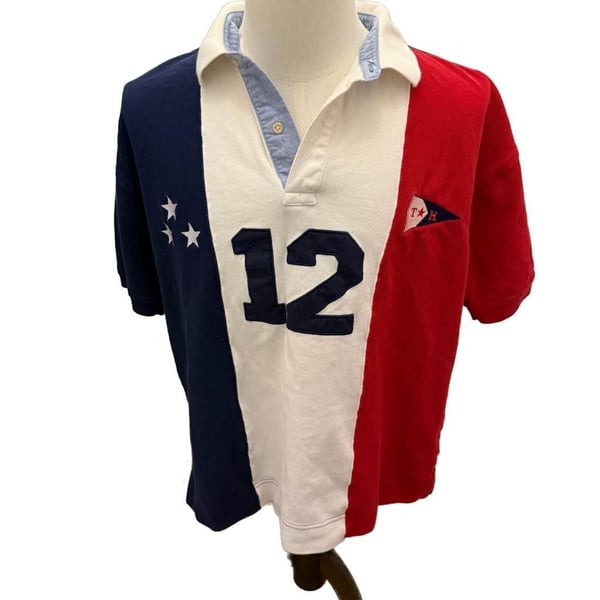 Vintage Tommy Hilfiger Colorblock USA Flag Rugby Polo Shirt Size Large