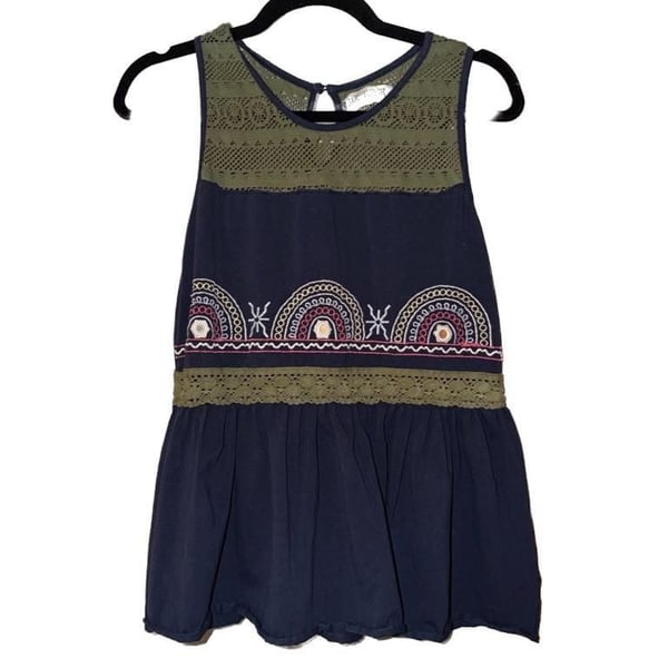 Jak & Peppar Girls 16 Large Boho Embroidered Lace Peplum Tank Navy Green