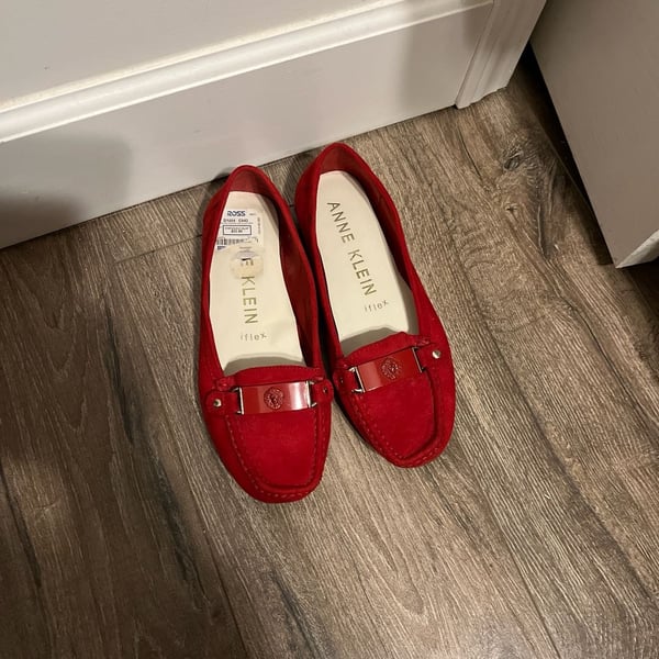 Anne Klein iFlex Red Suede Moccasin Loafers with Lion Logo Plate