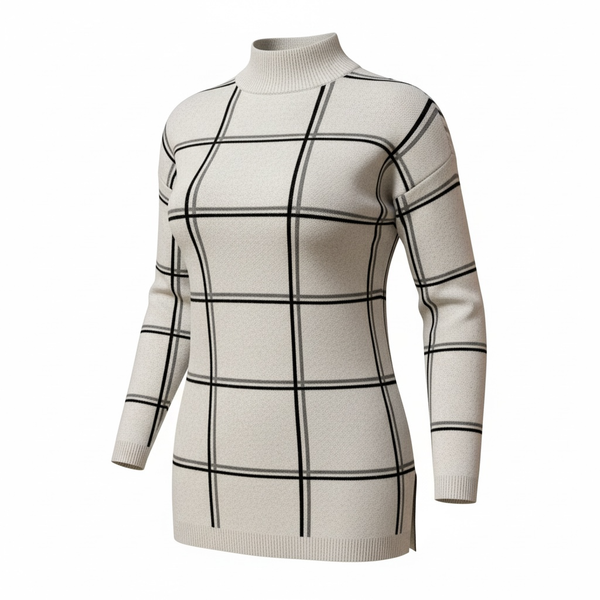 Jones New York JNY Ivory Grid Mock Neck Knit Tunic Sweater