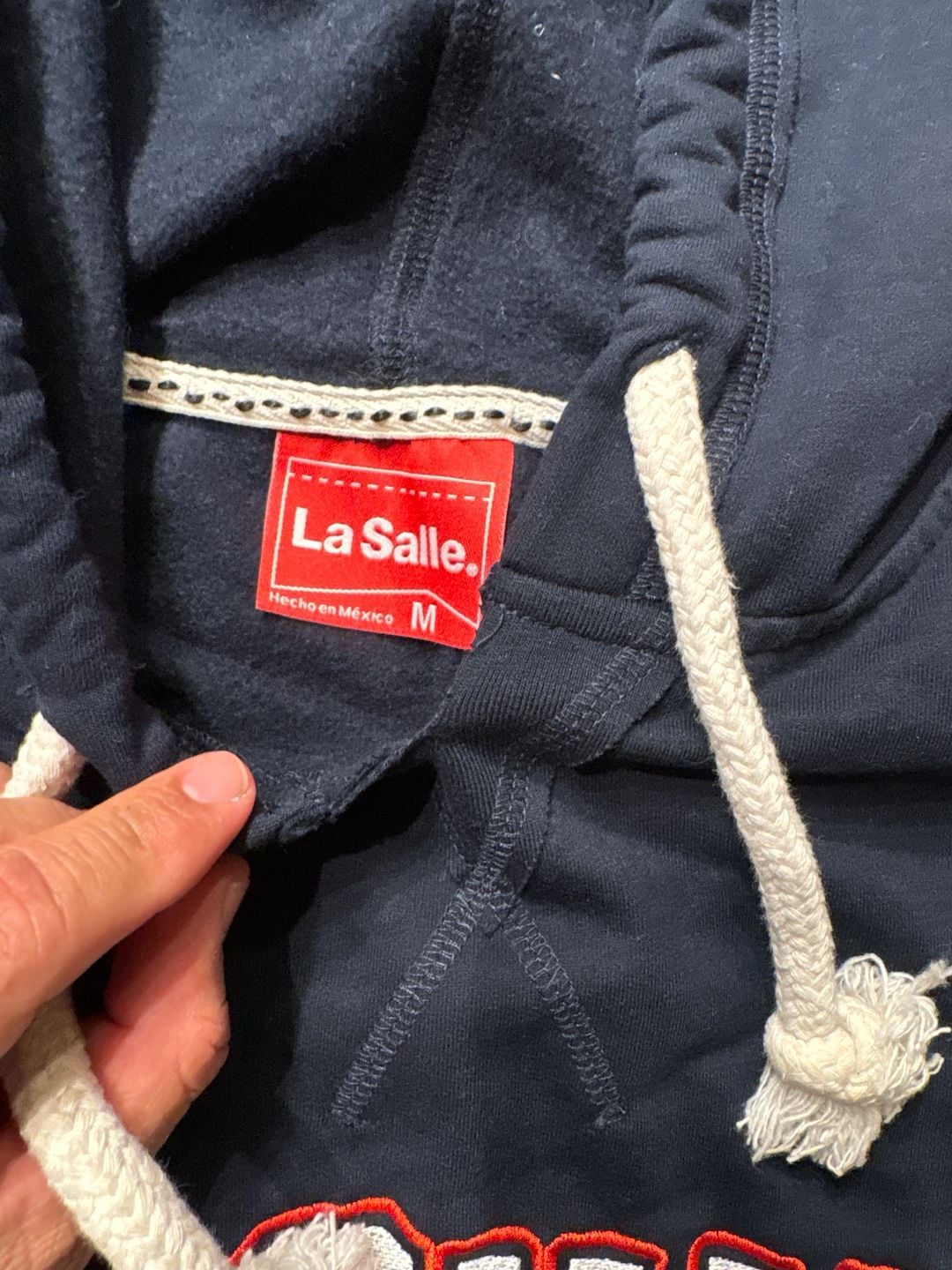 Vintage La Salle Team Navy Blue Embroidered Pullover Hoodie Size M 4