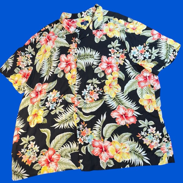 George Men's Black Tropical Hibiscus Floral Hawaiian Shirt 3XL