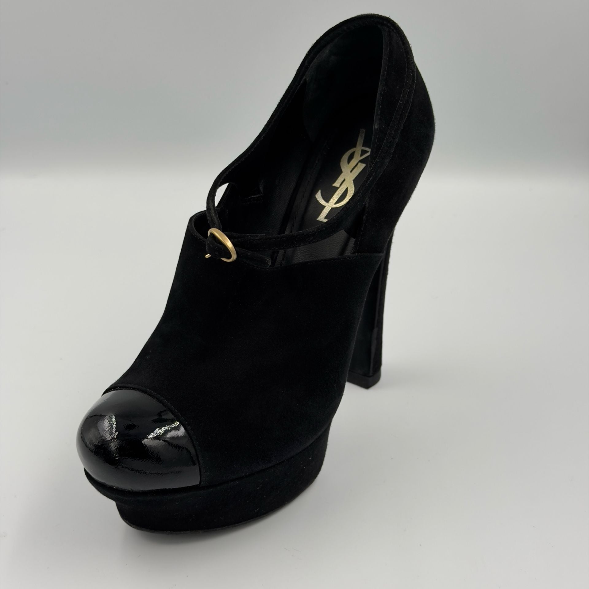 Yves Saint Laurent Black Suede Palais 105 Mary Jane Platform Pumps with Patent Toe 38 2